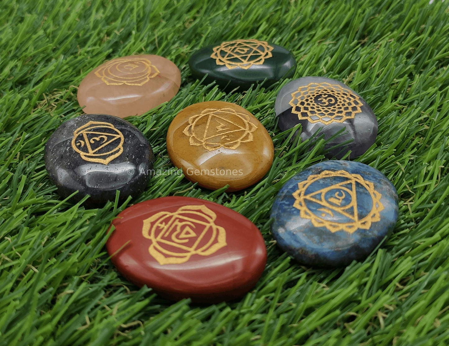 Amazing Gemstone 7 Chakra Oval Set Reiki Healing Crystal with Engraved Chakra OM Symbols Holistic Balancing Polished Palm Stones Set with Velvet Pouch