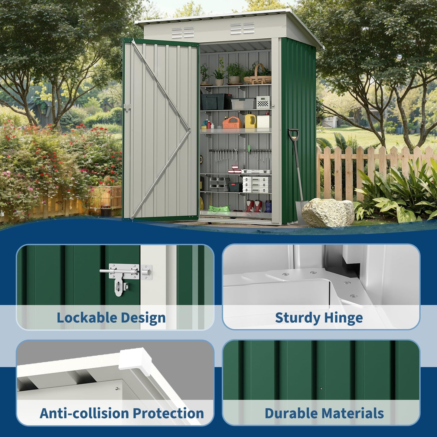 5×3FT Outdoor Metal Storage Shed, Garden Tool Metal Shed with Lockable Doors, Anti-Corrosion Storage House with Sloping Roof for Backyard Garden Patio Lawn