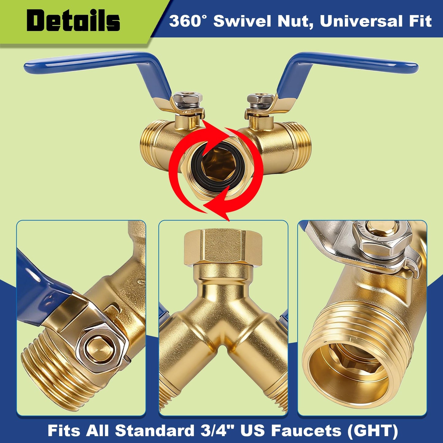 Triumpeek 2-Way Garden Hose Splitter, Solid Brass Y Connector with 3.6-Inch Ergonomic Handles, Full Flow 3/4" GHT Thread for Outdoor Faucet, Sprinkler & Irrigation