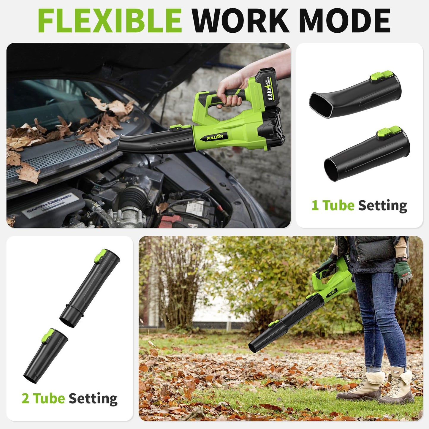 FULLYEA Cordless Leaf Blower 650CFM/180MPH, 21V Electric Leaf Blower with 3 Tubes & 2 x 4.0Ah Batteries, 6 Speed Modes, Battery Powered Leaf Blowers for Cleaning Patio, Yard, Garage, Lawn (Green)