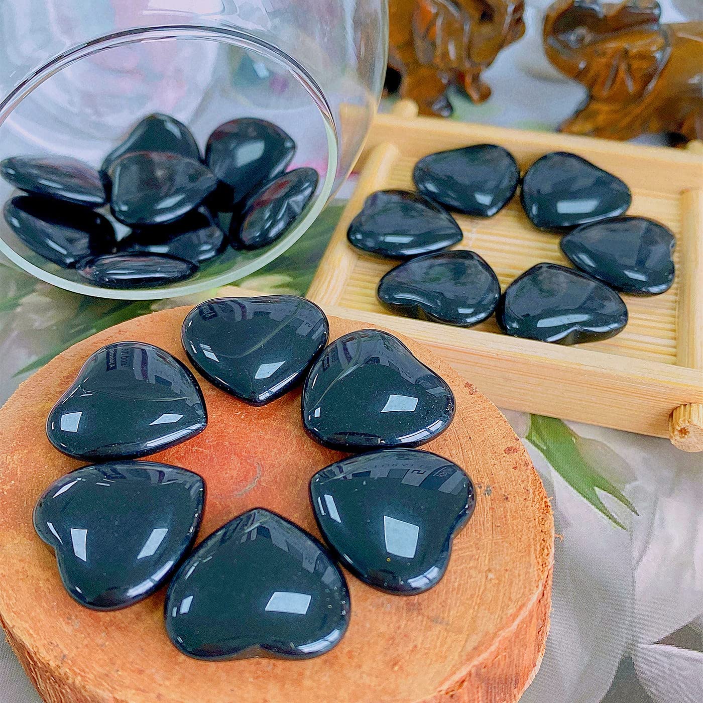 QINJIEJIE 20 PCS Natural Heart Healing Crystals Black Obsidian Polished Stones Pocket Crystal Palm Mini Cute Love Gemstones Set Bulk Wholesale Reiki Energy Balancing Meditation Valentine's Day Gift
