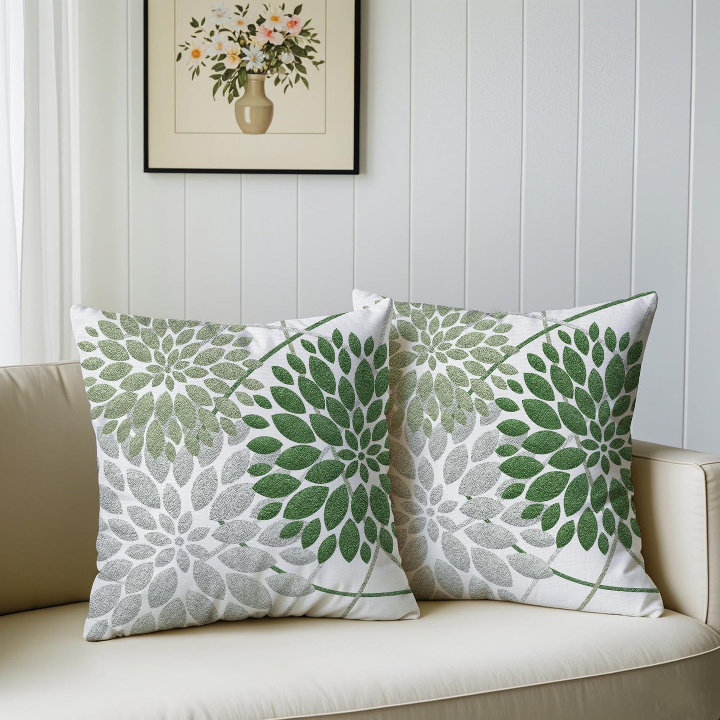 WitHero Decorative Throw Pillow Covers Set of 2, Double-Sided 18x18 inch White Linen Green Silver Grey Pillow Cases, Farmhouse Indoor Outdoor Modern Floral Dahlia Flowers Cushion Cover for Couch Sofa