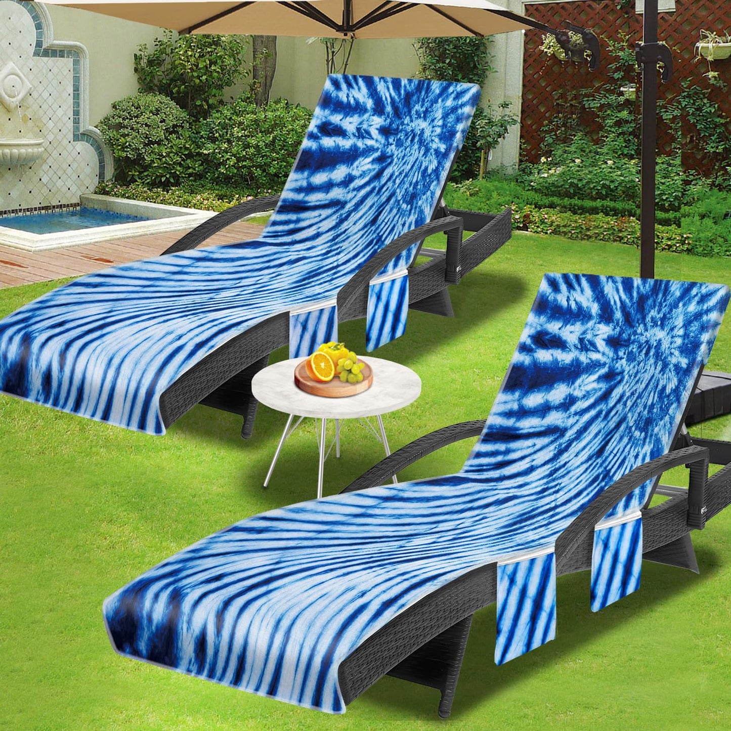 Lounge Chair Towel Cover (Pack of 2), Tie Dye Style Chaise Lounge Cover, Beach Chair Covers with Pockets for Pool Beach Garden Courtyard Outdoor Trips, 85 x30 in, Royal Blue