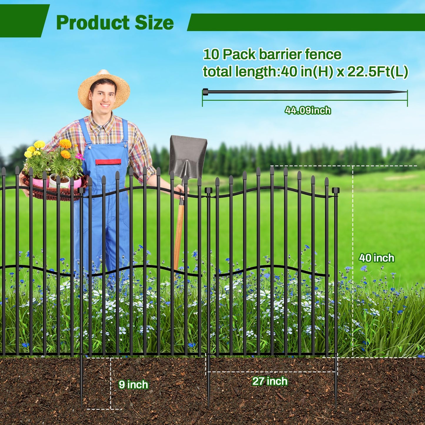 10 Panels No Dig Decorative Garden Fence with Gate - 40in H x 22.5ft L, Duty Square-Tall Heavy Duty Square Tube Animal Barrier, Rustproof Dog Fence for Outdoor Yard & Patio Protection
