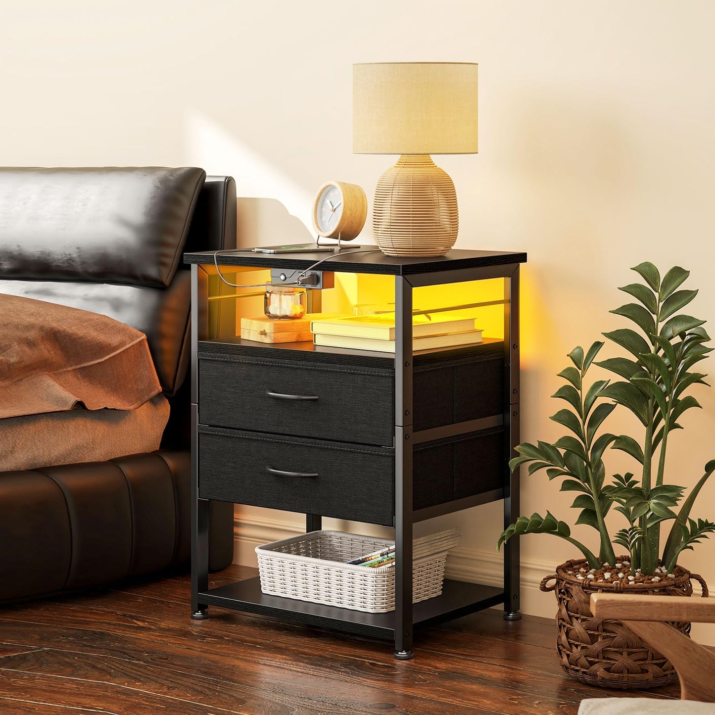 AODK Nightstand with Charging Station & LED Lights, 27.6" Tall Bedside Table with 4-Tier Storage, 2 Fabric Drawers & 2 Open Shelves, Space-Saving End Table for Bedroom, Black