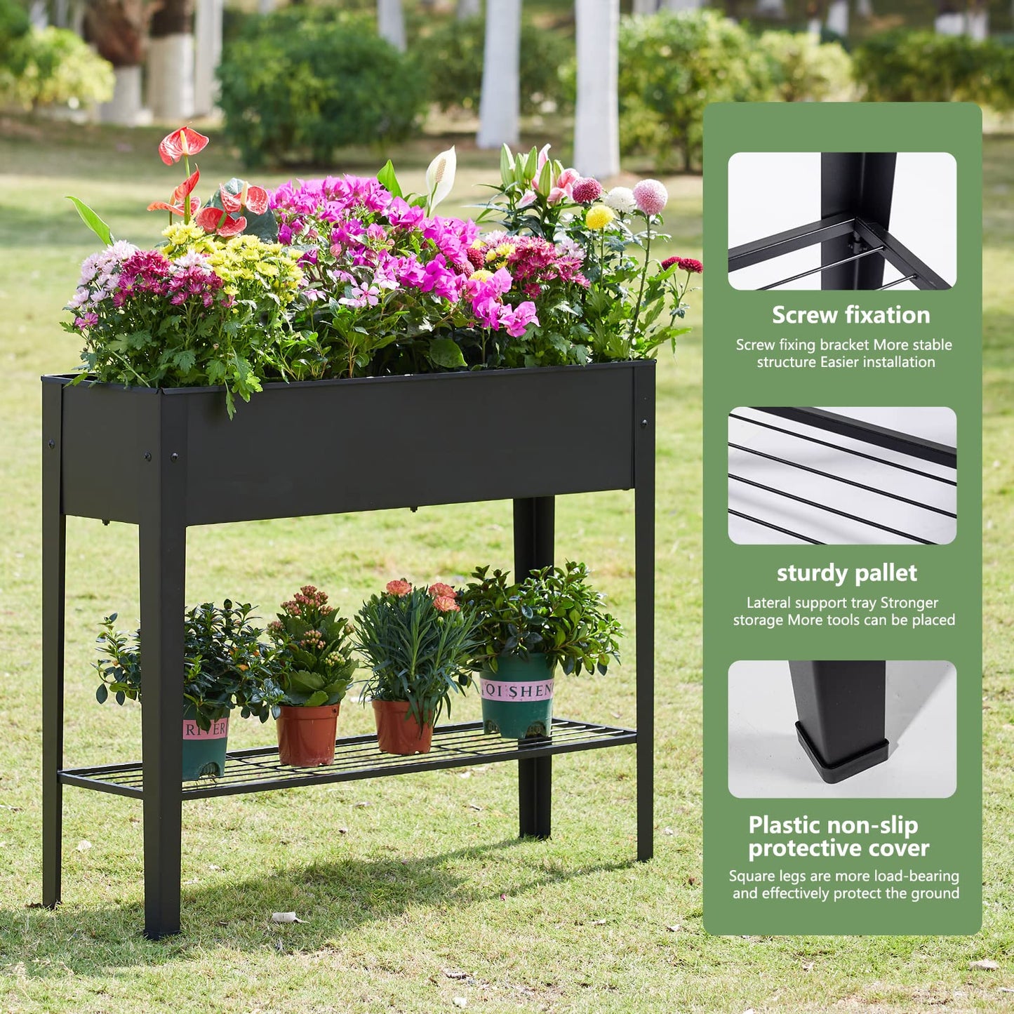 Piksedo Raised Garden Bed, Elevated Planter Black Metal Plant Box with Legs Standing Garden Stand Drainage Holes Black