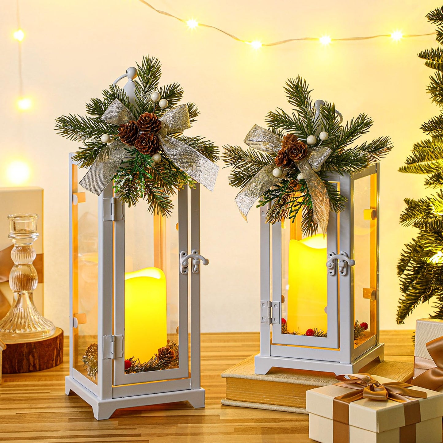 Baquler White 2 Pcs Christmas Metal Candle Lantern and LED Fake Candles 12'' and 15'' Decorative Lanterns with Xmas Ornament Porch Lanterns Indoor Outdoor Decoration Party Gift