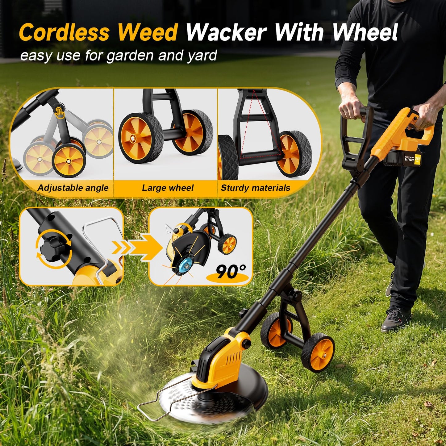 20000 RPM Brushless Battery Weed Wacker Cordless, 6000mAh Electric Weed Eater Battery Powered, Heavy Duty Brush Cutter Edger Lawn Tool/Weed Trimmer/Grass Trimmer W/Wheel Metal Blade, 2 Battery