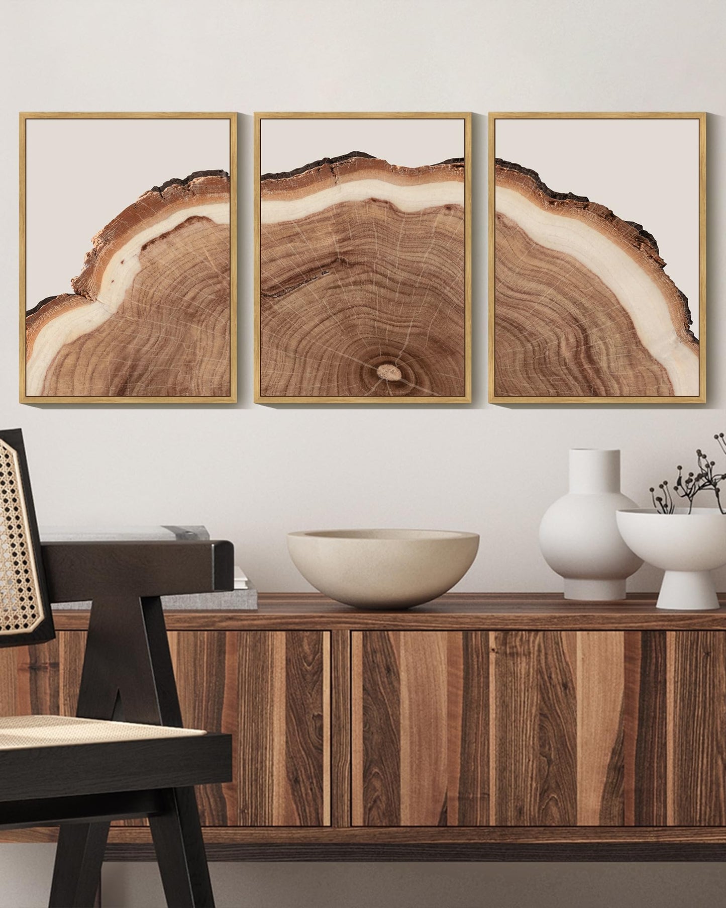 KUVIOKE Framed Tree Rings Wood Wall Art Modern Retro Beige Wood Stump Wall Decor Nature Rustic Artwork for Farmhouse Living Room Bedroom Decor 12x16in (Natural Framed)