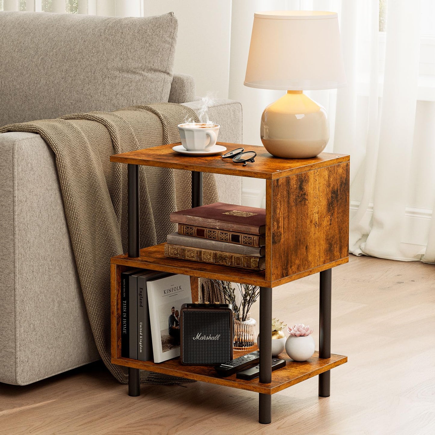 Frylr Small Side Table, End Table and Nightstand with 3-Tier Wood Shelves, Sturdy Metal Frame with 44 LBS Capacity per Shelf, Easy to Assemble for Living Room or Bedroom,Rustic Brown