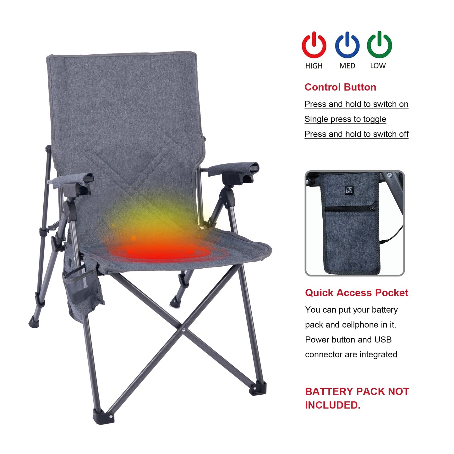SUNNYFEEL Outdoor Reclining Camping Chairs Adjustable 3 Position Foldable Heavy Duty Adults 300 LBS Capacity for Adults Lounge with Cup Holder, Heated Folding Camp Chair Lawn Patio Outdoor Porch