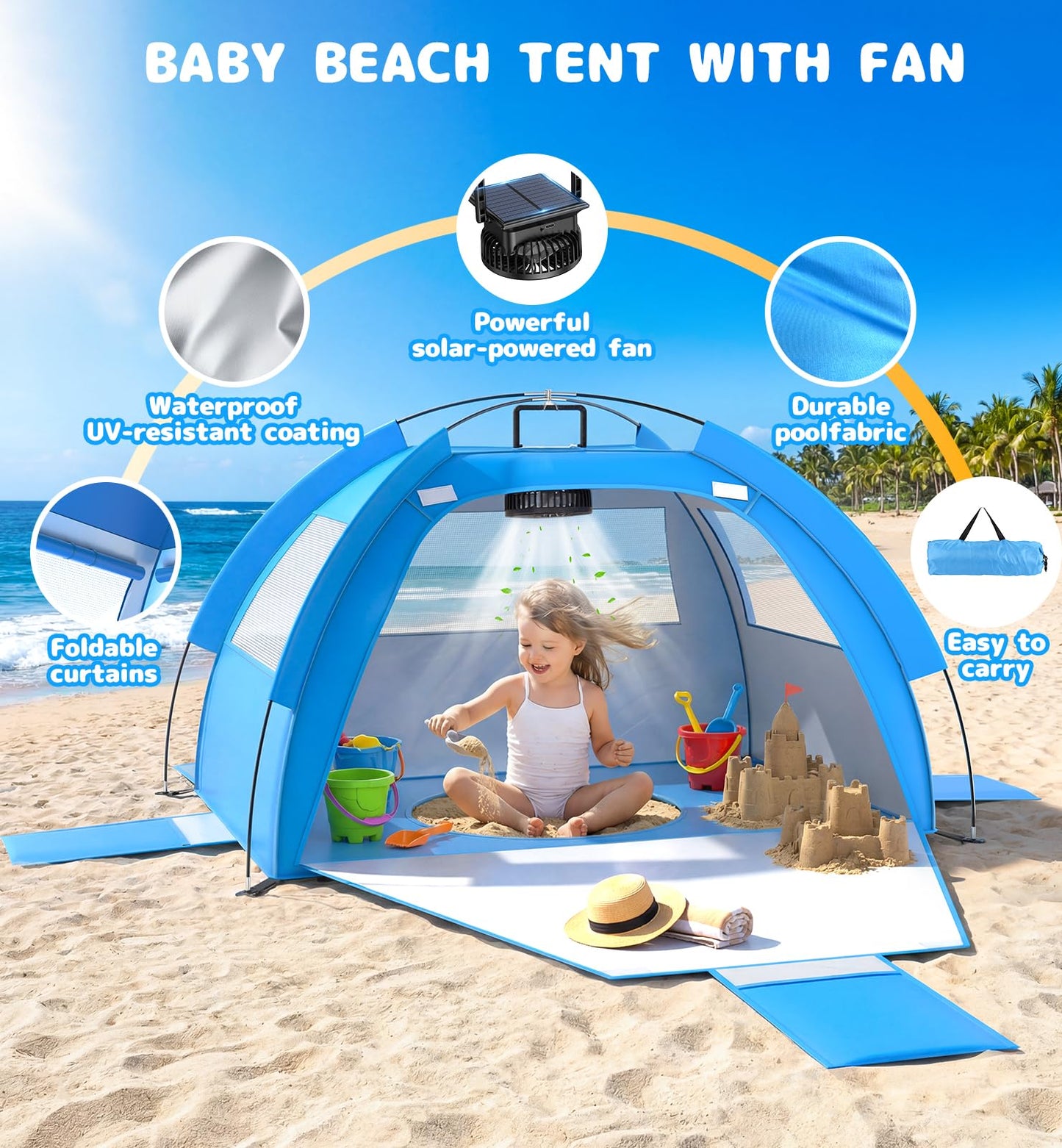 Dsquu Baby Beach Tent Solar Cooling Fan, Anti-UV Toddler Beach Tent Sun Shelter Portable Travel Fan Beach Shade Tent, Baby Play Tent Built-in Ceiling Fan Sun Shelters Toddler Beach Essentials