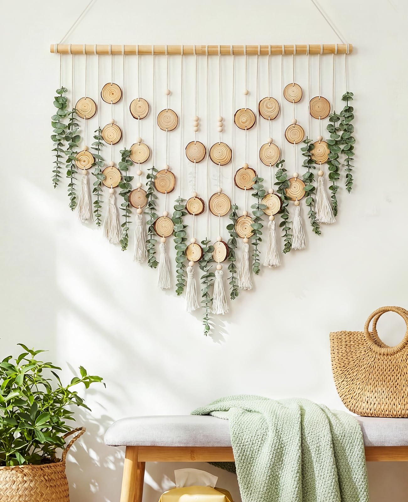 Tempospark Artificial Eucalyptus Wall Decor Hanging, Boho Bathroom Wall Decor, Fake Greenery Leaves Stems with Wood Slices Tassels on 33.1" Stick, for Living Room, Bedroom, Kitchen, Home Office