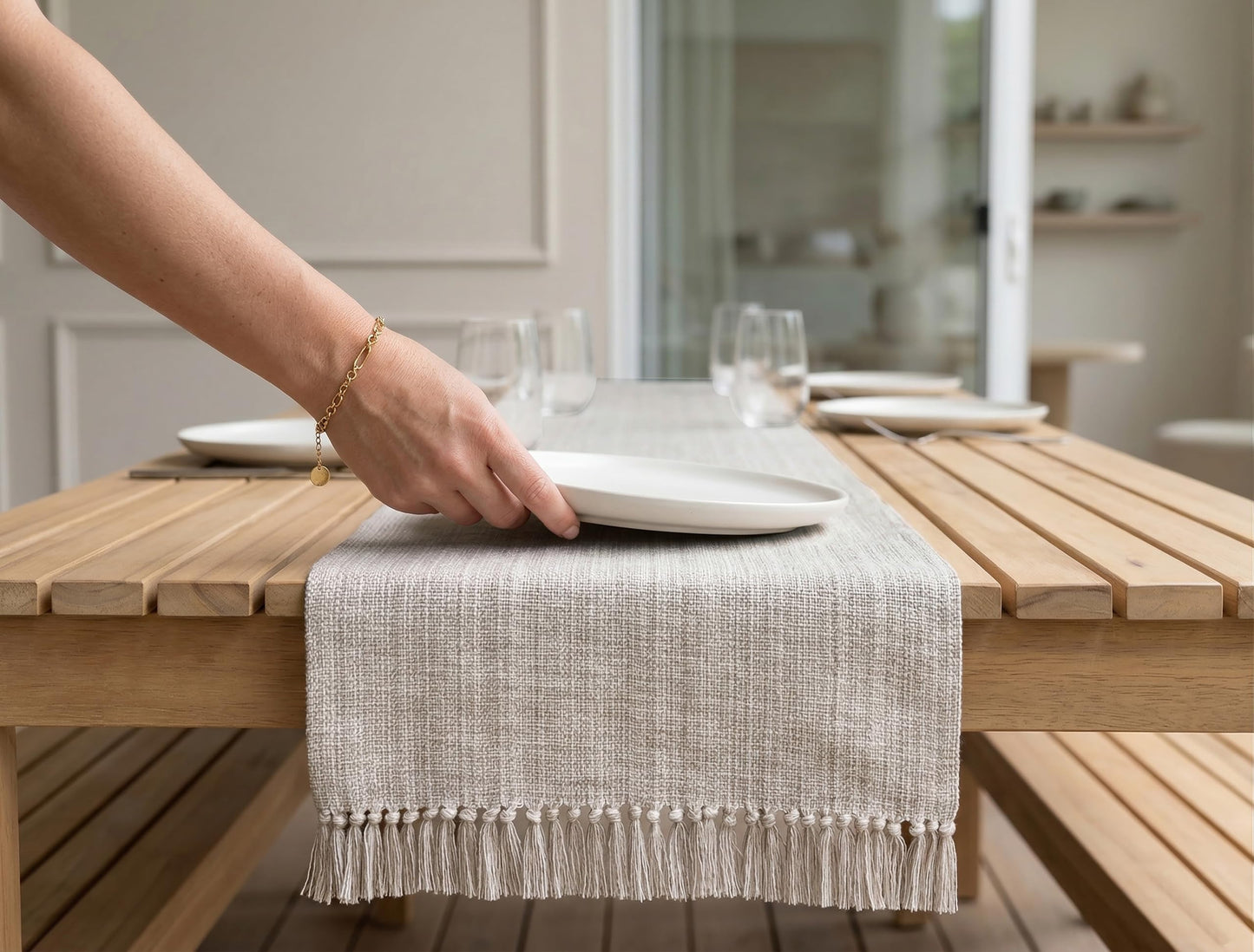 PurpleEssences Chambray Table Runner with Fringes - 100% Cotton, 13x72 Inch - Rustic Farmhouse Table Décor, Reusable, Machine Washable for Dining Tables - Spring Easter Summer - Royal Linen & H.White