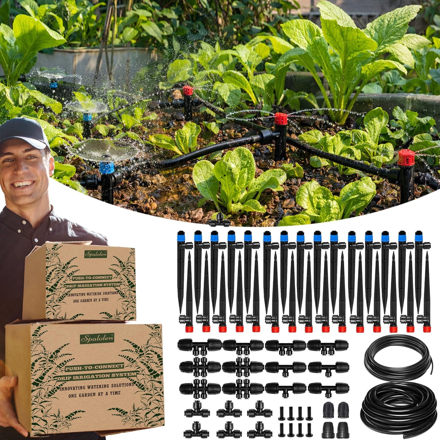 Push-to-Connect Drip Irrigation System Adjustable Irrigation System for Garden Raised Bed Automatic Plant Watering System Complete Drip Irrigation Kit with Drip Emitters, Tubing, Connectors