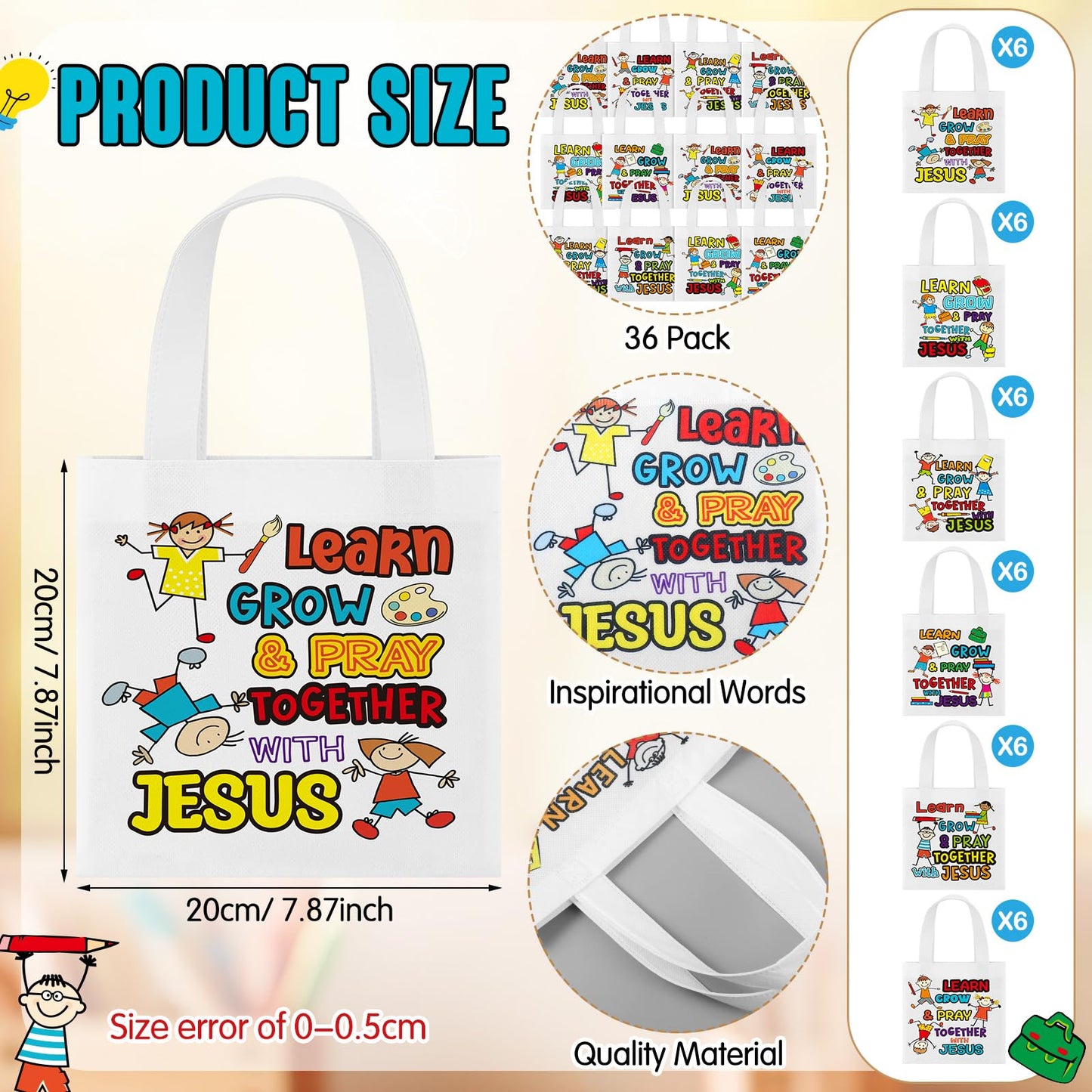 Cosblank 36 Pcs Religious Tote Bags Bulk for Kids Christian Learn Grow Pray Together with Jesus Gift Tote Christian Canvas Bags for Sunday School Church Classroom Prizes Party Favors Supplies Gift