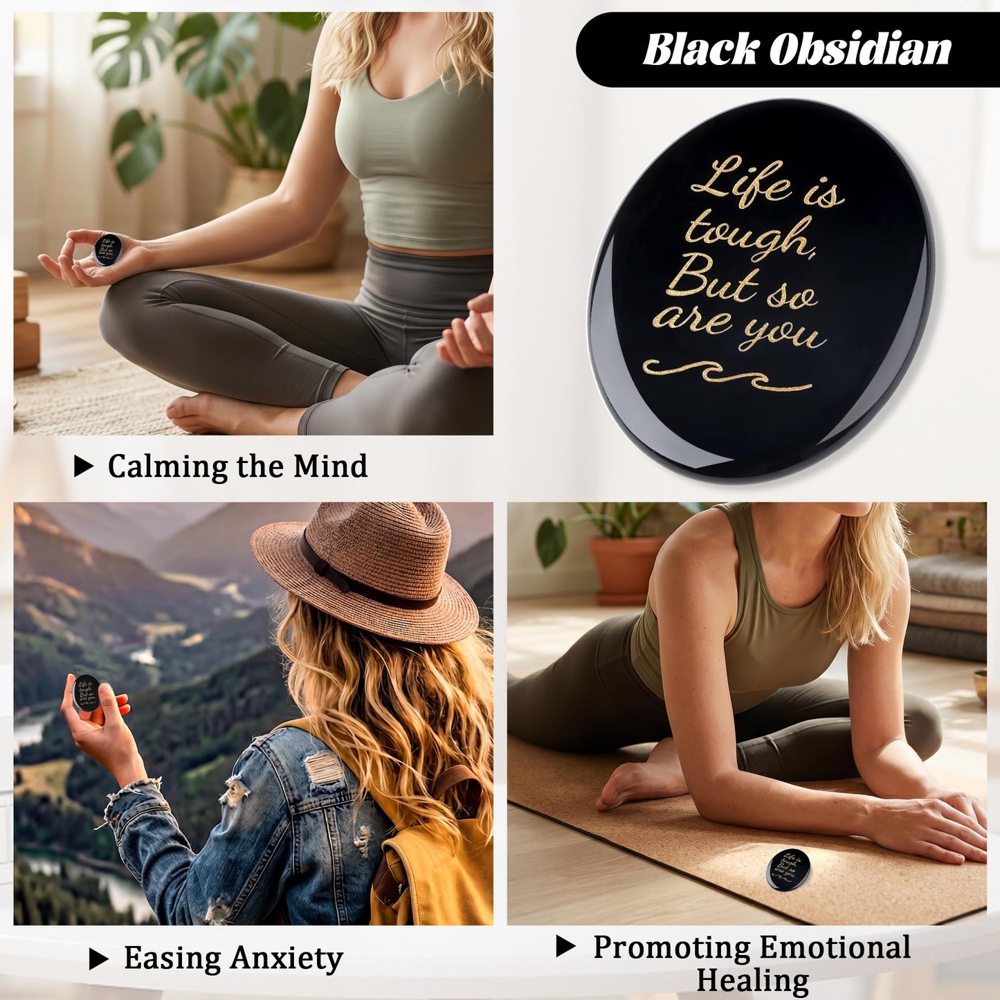 NUKAYAI Inspirational Gifts Worry Stone Black Obsidian Crystal Stone Healing Crystals Pocket Natural Stress Relief Gifts Meditation Accessories Palm Reiki Trinket Anxiety Relief Items for Women Men