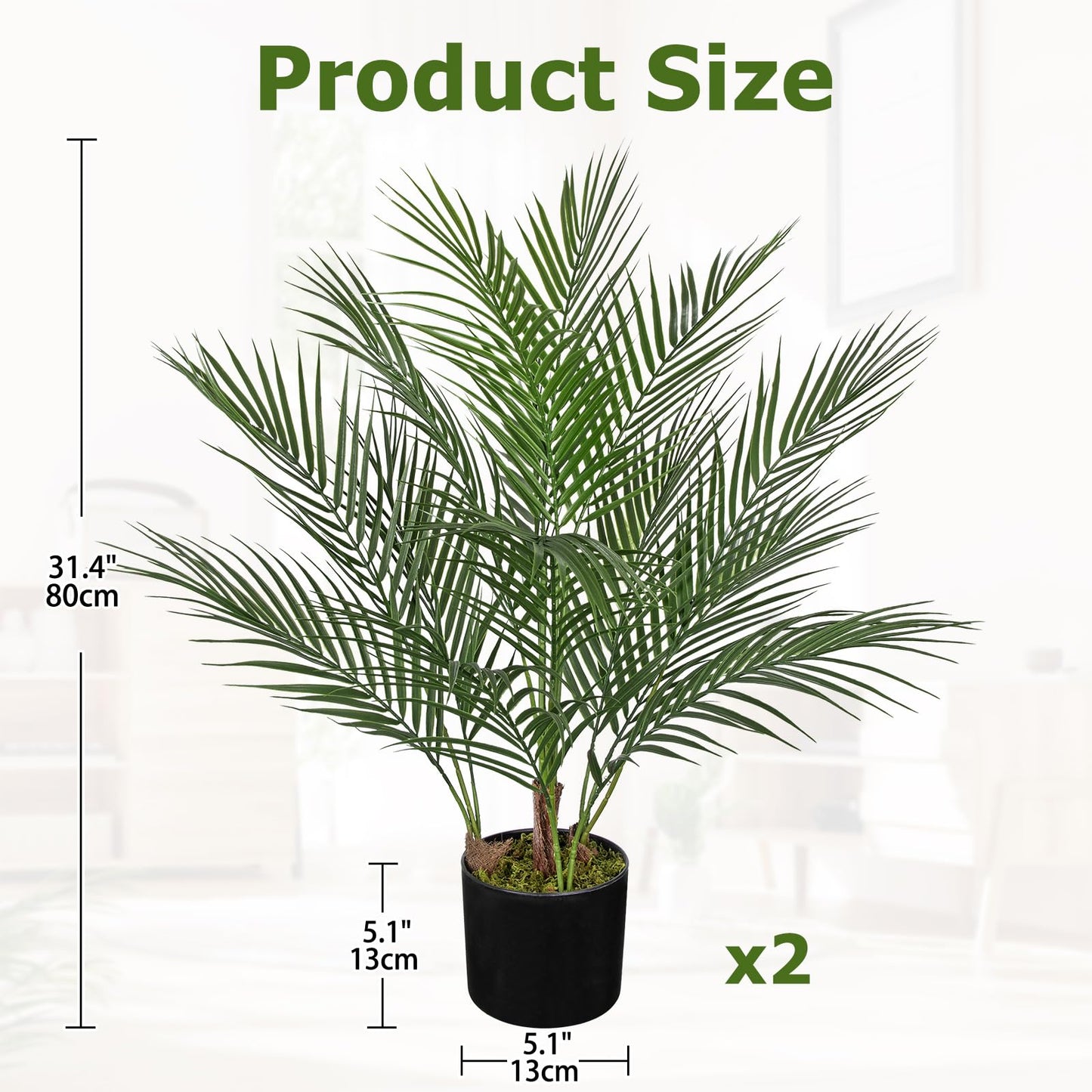 2 Pack Artificial Palm Trees Plants for Indoor Outdoor Use, 2.6FT Fake Palm Trees Silk Tropical Plants with 14 Tree Trunks, Faux Potted Plant for Home & Office, Living Room, Porch, Patio, Garden Decor