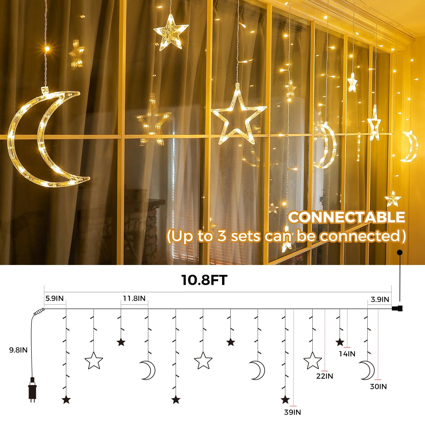 Qunlight Ramadan Solar Icicle Lights,10.8ft 138 LED Outdoor Waterproof Moons Stars Curtain Window String with 8 Modes Timer Remote,USB Rechargeable Connectable Warm White Hanging Decor for Patio