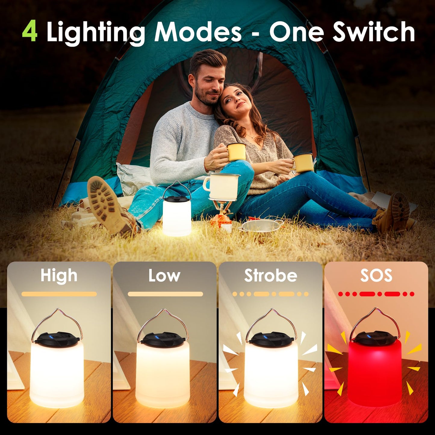 BOBKID LED Camping Lantern, Rechargeable Camping Light, 4 Modes Outdoor Flashlights Lanterns with 1000LM, Water Resistant Portable Emergency Camp Light for Hurricane Hiking Survival Kits - Black