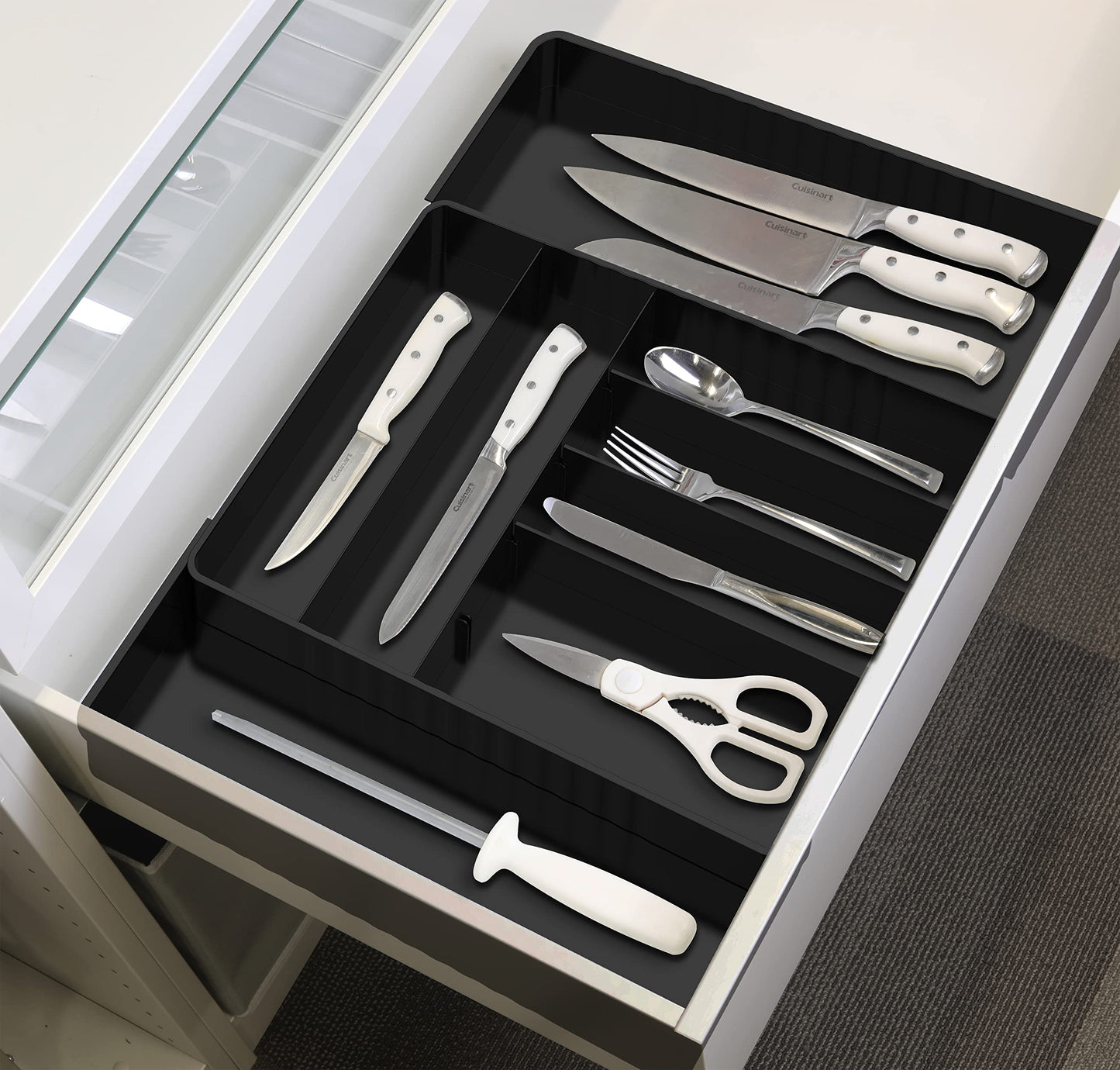 Simple Houseware Expandable Kitchen Drawer Flatware Organizer, Black – Adjustable Cutlery Tray with 9 Compartments for Utensils and Silverware