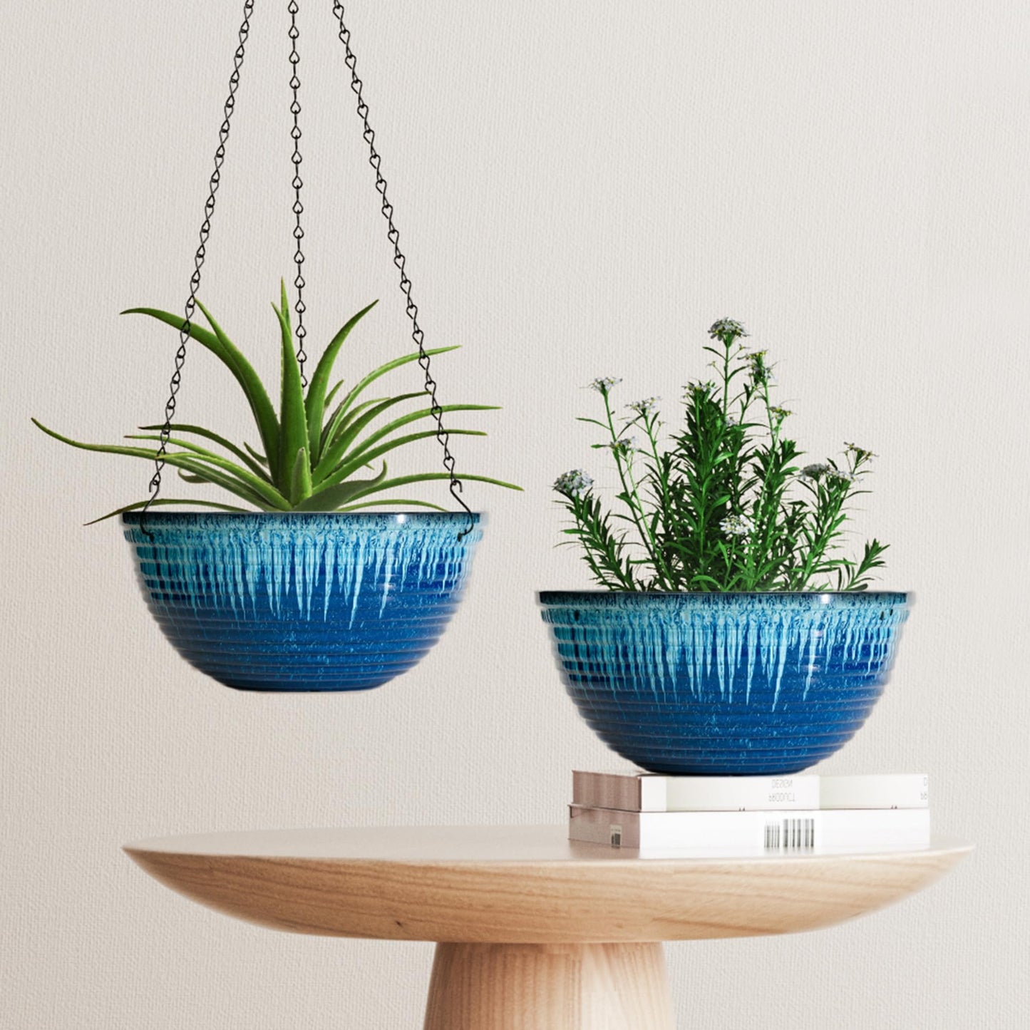 Vanslogreen 12 inch Hanging Planters for Indoor Outdoor Plants, 2 Pack Large Hanging Flower Pots with Drainage Holes and Chain, Glazed Hanging Baskets for Home Garden Decoration (Blue Flow Glaze)