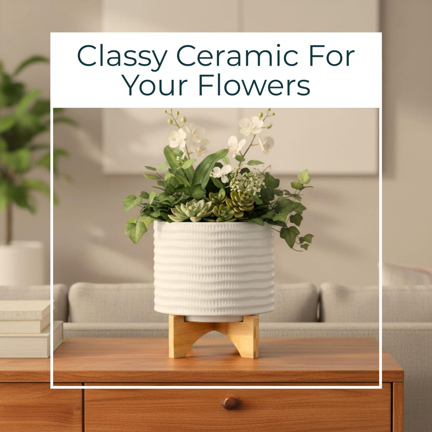 Ceramic Planter with Bamboo Stand – Modern Home Decor Indoor Plant Pot with Textured Stoneware Design – Decorative Planter with Legs for Living Room, Bedroom, Office, Patio, or Garden - 8", White