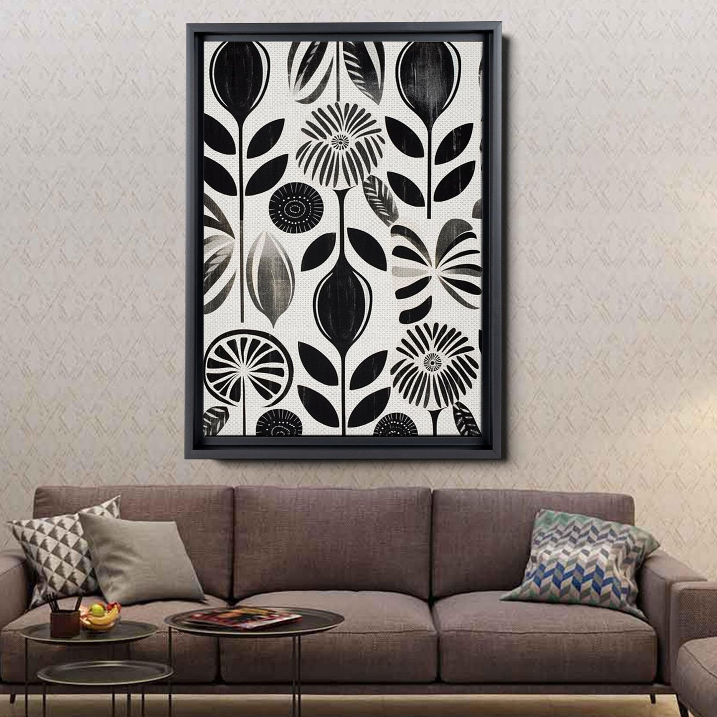 Scandinavian Folk Art, Black and Beige Abstract Botanical Wall Art for Scandinavian Home Decor