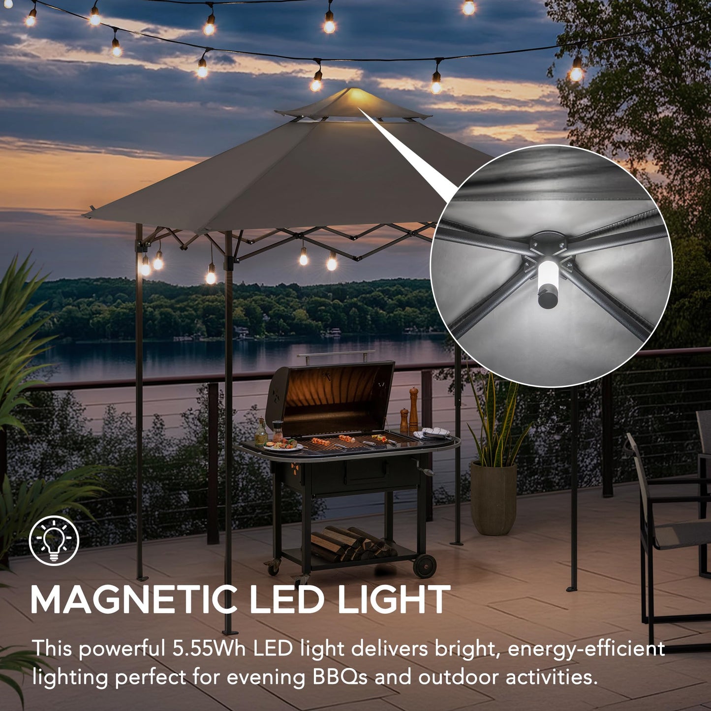 SUNJOY 8 x 5 ft. Grill Gazebo Pop Up Double Tiered Outdoor Gazebo Standing-Height Canopy with Magnetic LED Light, Adjustable Ceiling Height, for BBQ,Picnics, Outdoor Events, Gray