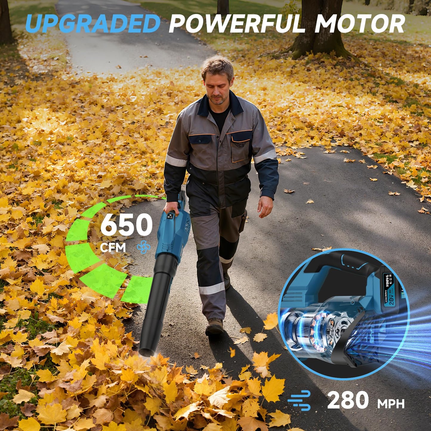 Leaf Blower Cordless, 650CFM Electric Leaf Blowers with 2 x 5.2Ah Batteries and Charger, 3 Speed Modes, 1 x Adjustable Shoulder Strap, Powerful Blowers for Lawn Care, Patio, Dust, Blowing Leaves