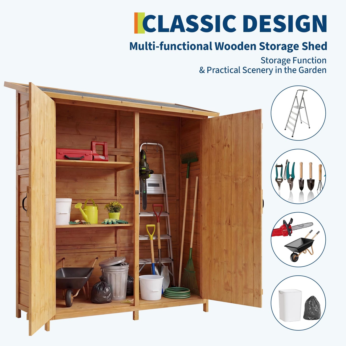 Outdoor Storage Cabinet with 2 Shelves & Lockable Doors- Wooden Garden Shed with Floor and Waterproof Roof for Patio, Backyard, Deck, Lawn Organization Tall Wood Tool Shed, Large Storage Space
