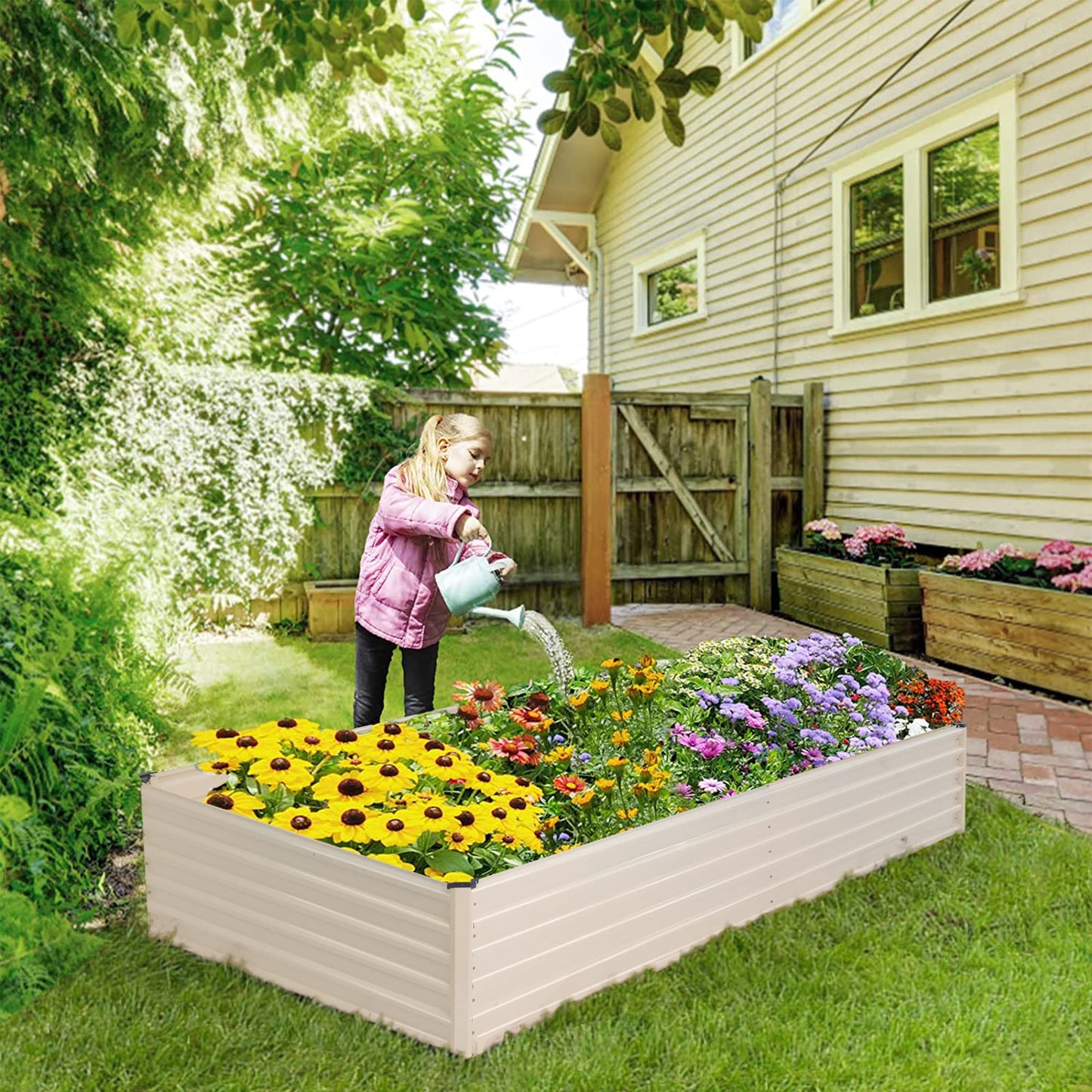 Sundale Outdoor Galvanized Raised Garden Bed Kit, 8x4x2ft Planter Raised Garden Boxes Outdoor with Anti-Rust Paint, Rectangle Metal Planter Box for Vegetables Flower（Beige）