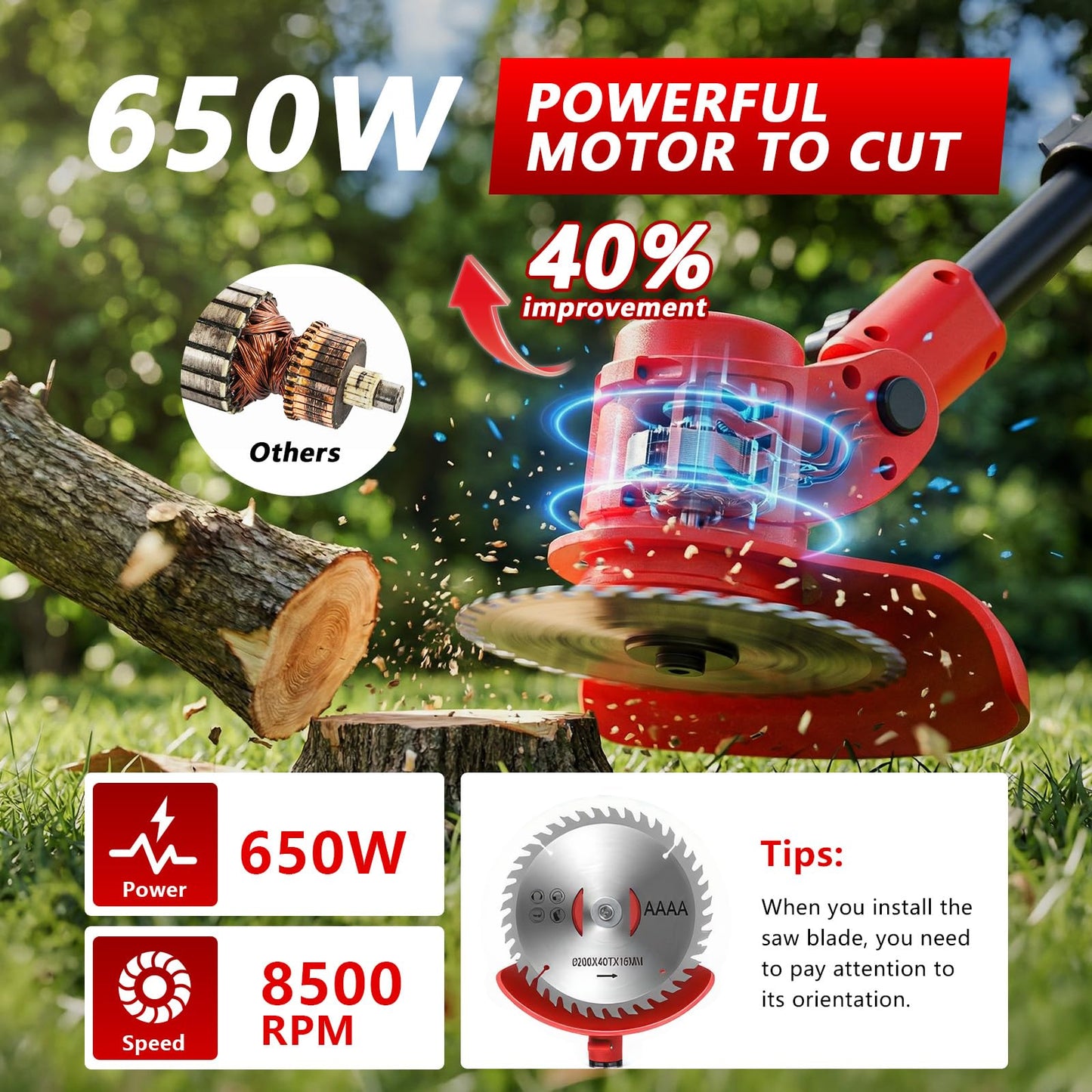 Electric Weed Wacker Cordless, 4000mAh Weed Eater Battery Powered with Wheel, 4 in 1 Grass Trimmer/Heavy Duty Brush Cutter/Lawn Edger/Weed Trimmer, No String Trimmer with Blade, 2 Battery Garden Tool