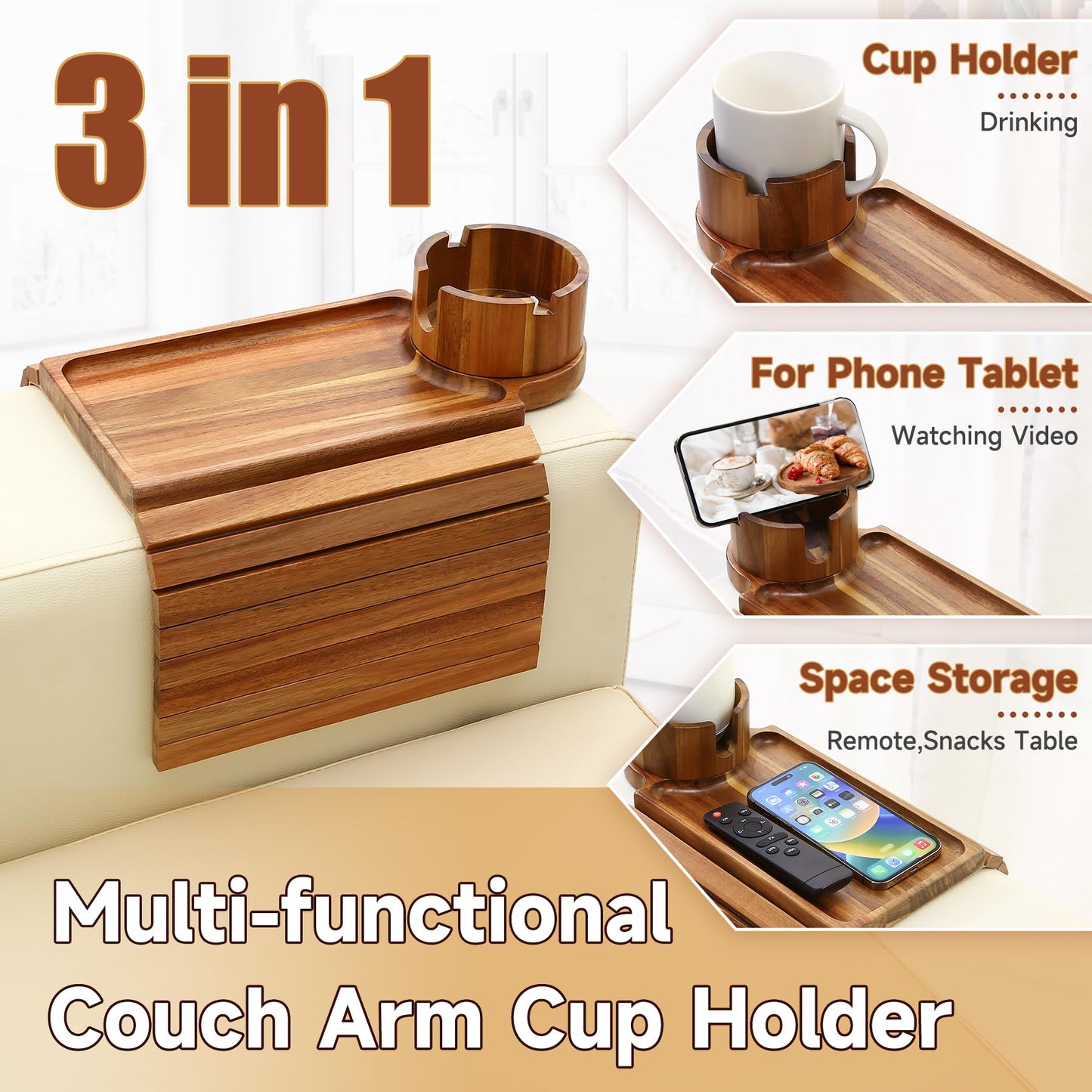 SINWANT Couch Cup Holder Tray,Acacia Wood Sofa Arm Clip on Tray Table with 360° Rotation Cup Holder,Foldable Anti-Slip Couch Armrest Table for Coffee Mug,Water Bottles,Snacks,Remote on Large Armrest