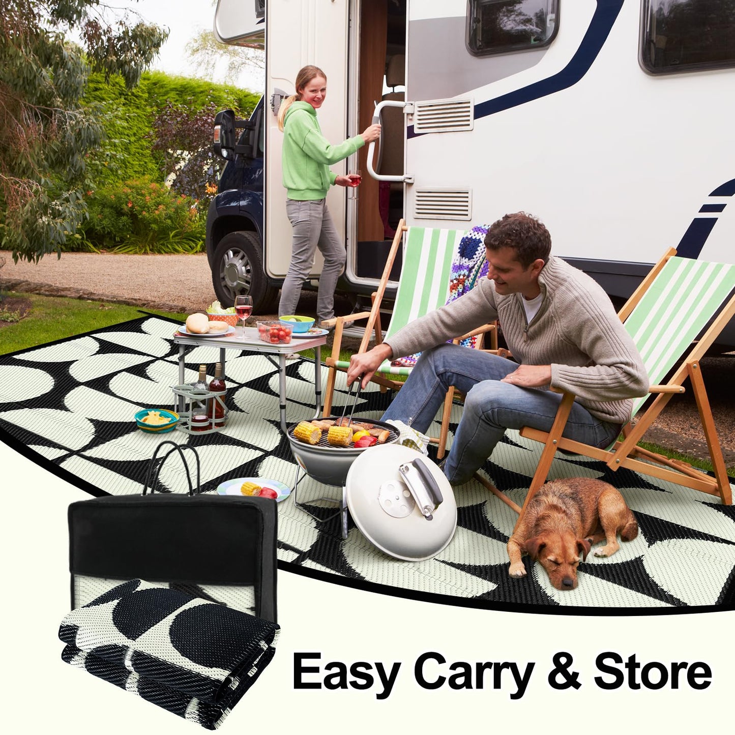 Wonnitar 8x10 Outdoor Rug, Large Waterproof Reversible Outdoor Patio Area Rug, Indoor/Outdoor Plastic Straw Portable Camping Rug for Outside RV Balcony Garden Deck (Black & White,8'x10')