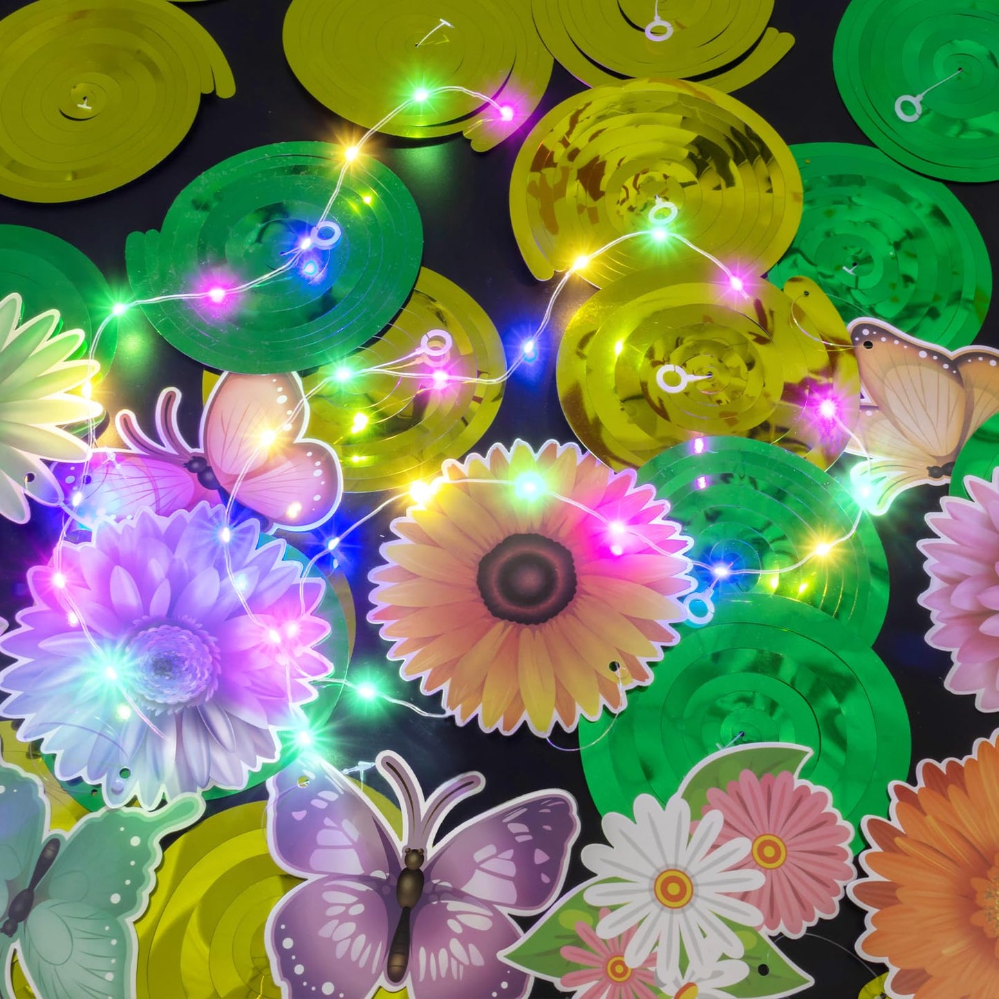 33pcs Spring Hanging Decorations for Home - Flower Butterfly Hanging Swirls with Led Lights for Spring Summer Easter Flower Butterfly Themed Birthday Party Decorations
