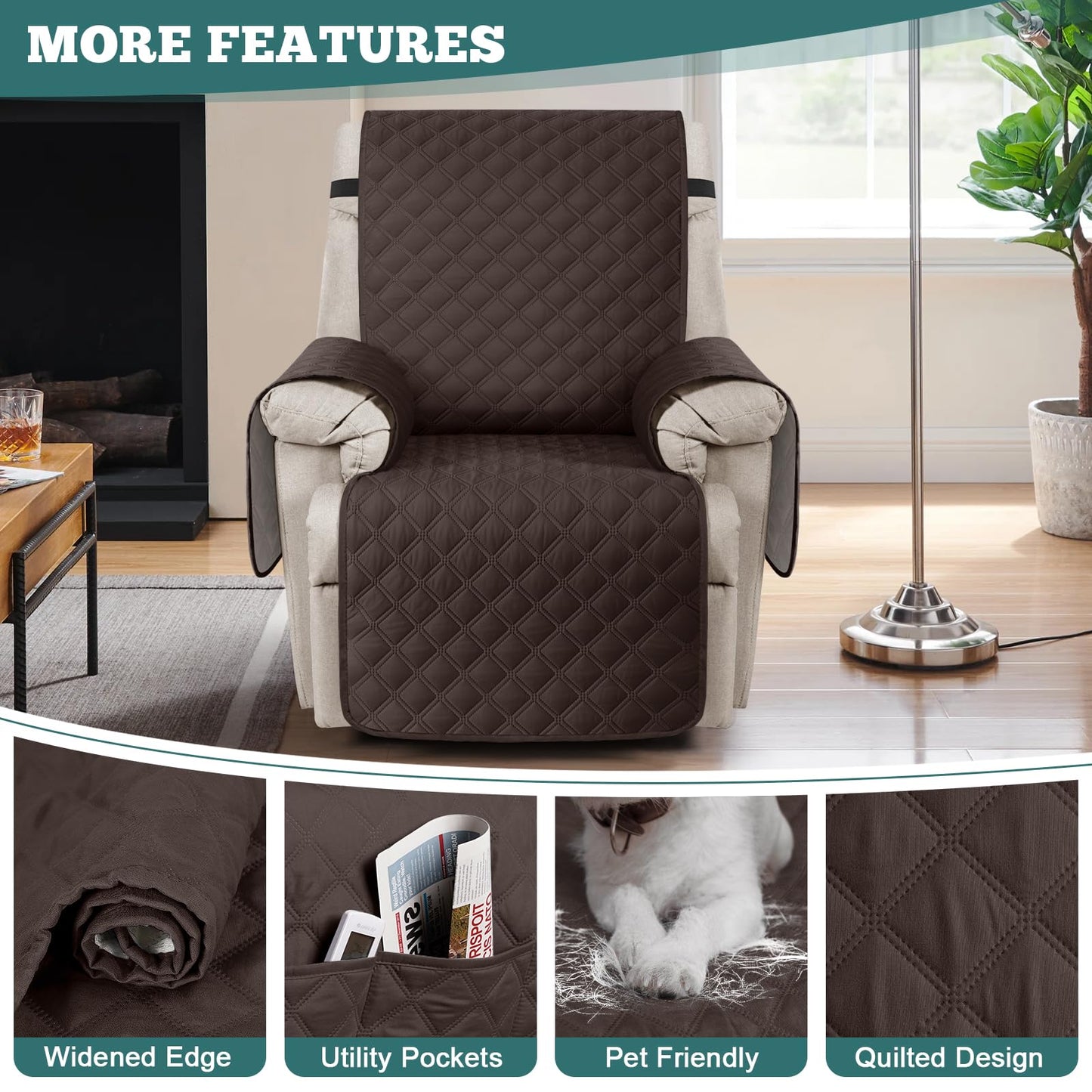 Ruaozz 100% Waterproof Recliner Chair Covers, Non-Slip Reclining Covers for Recliner Chair Washable Chair Cover, Recliner Covers with Pockets for Kids, Dogs, Pets (Chocolate, 23'')