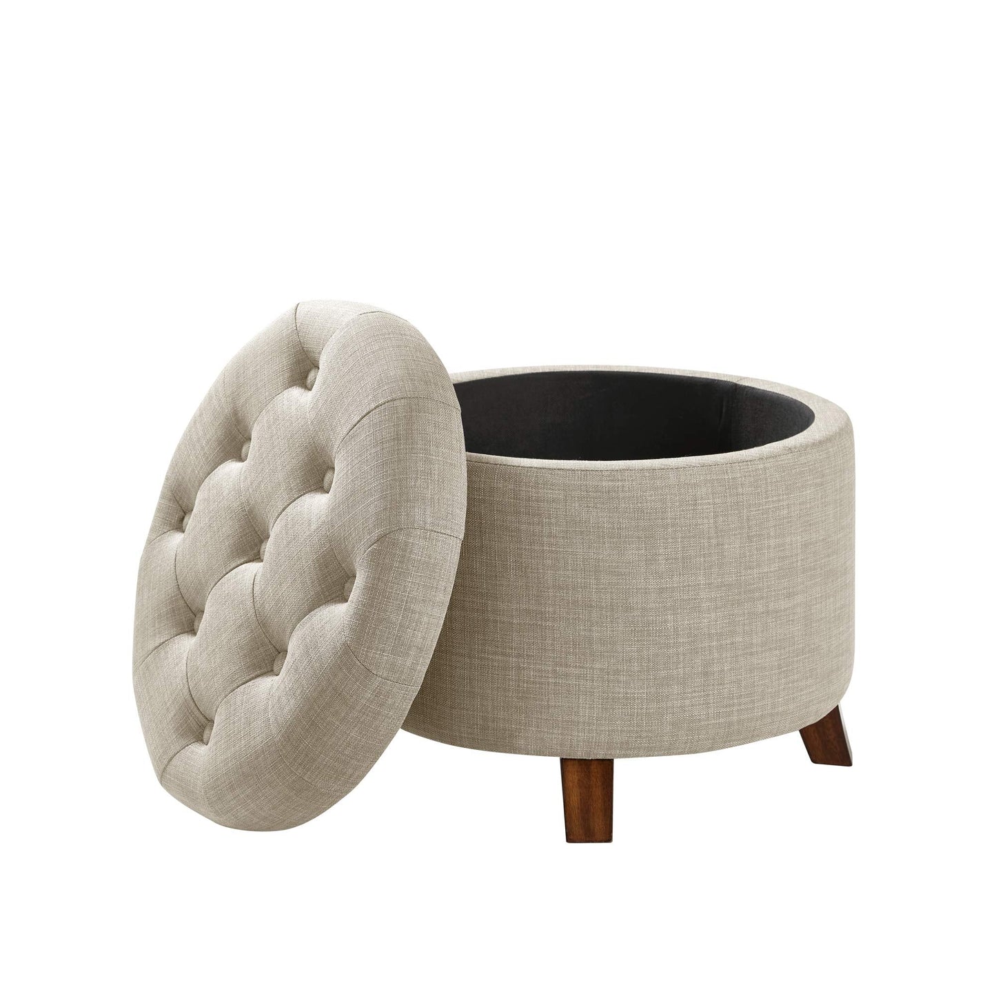 Amazon Basics Round Storage Ottoman Foot Rest, Button Tufted Upholstered Footstool with Storage, Sturdy Linen Fabric for Living Room and Bedroom, 20" x 17", Beige