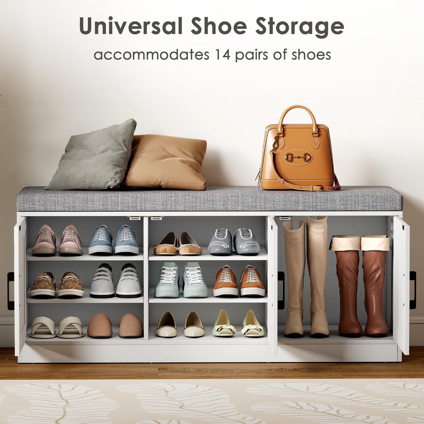 Suuiwau 3-Tier Shoe Storage Bench with Adjustable Shelf, Large Capacity Entryway Shoe Bench with Thickened Padded Seat Cushion and 3 Doors for Entry, Bedroom, Hallway (White,42.5 * 14in)
