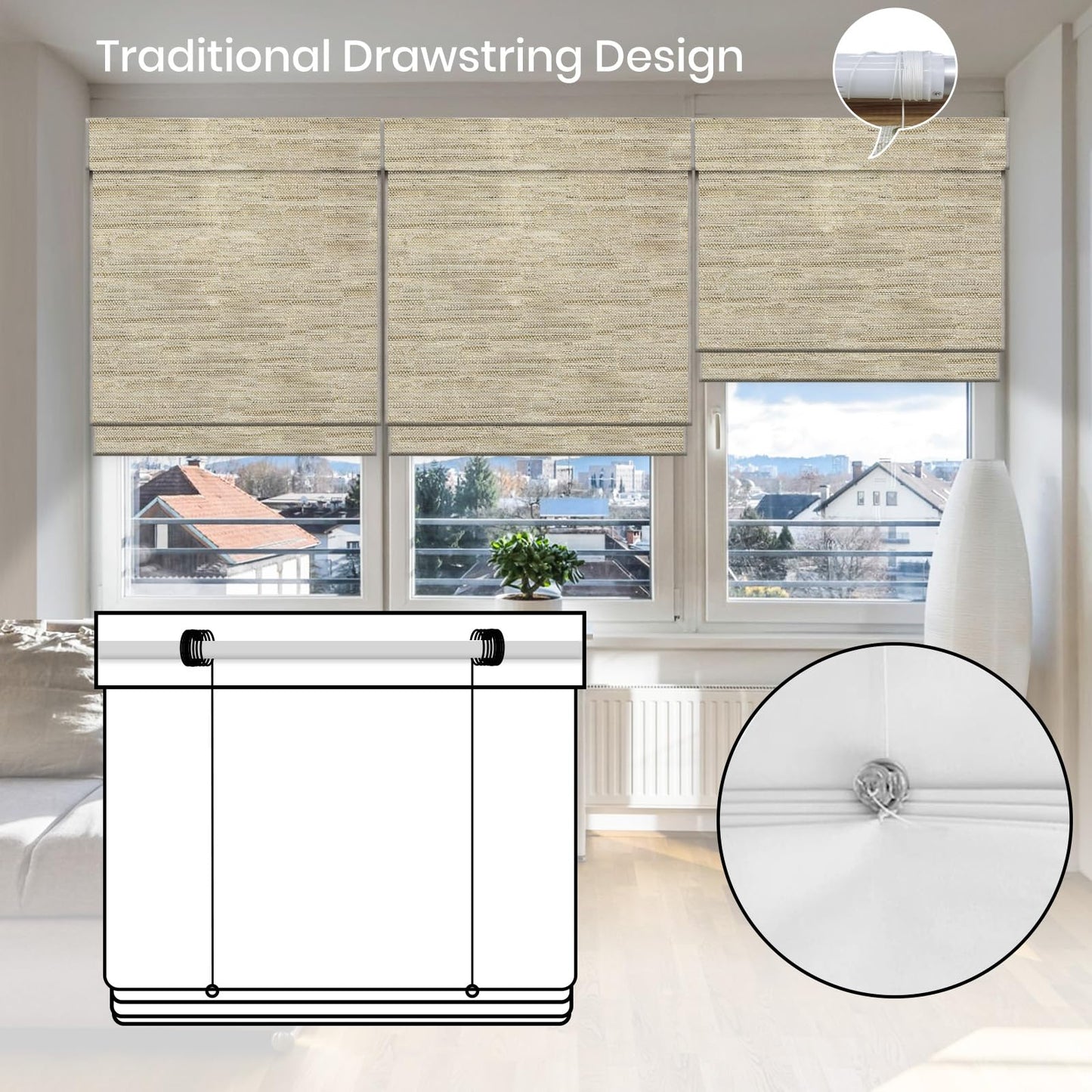 WEFFORT Motorized Roman Shades, Woven Woods Shades, Work with HomeKit/Alexa/Google Home, Cordless, Custom Size, Crocheting Kenaf