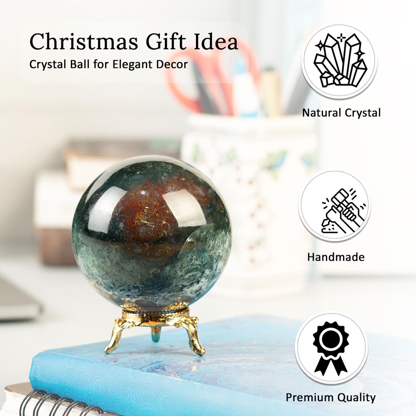 Crocon 50mm Green Blood Stone Sphere Ball with Metal Stand 1400+ Carats Gemstone Ball Healing Sphere Sculpture Figurine for Fengshui Divination Home Decoration Photography Crystal Sphere