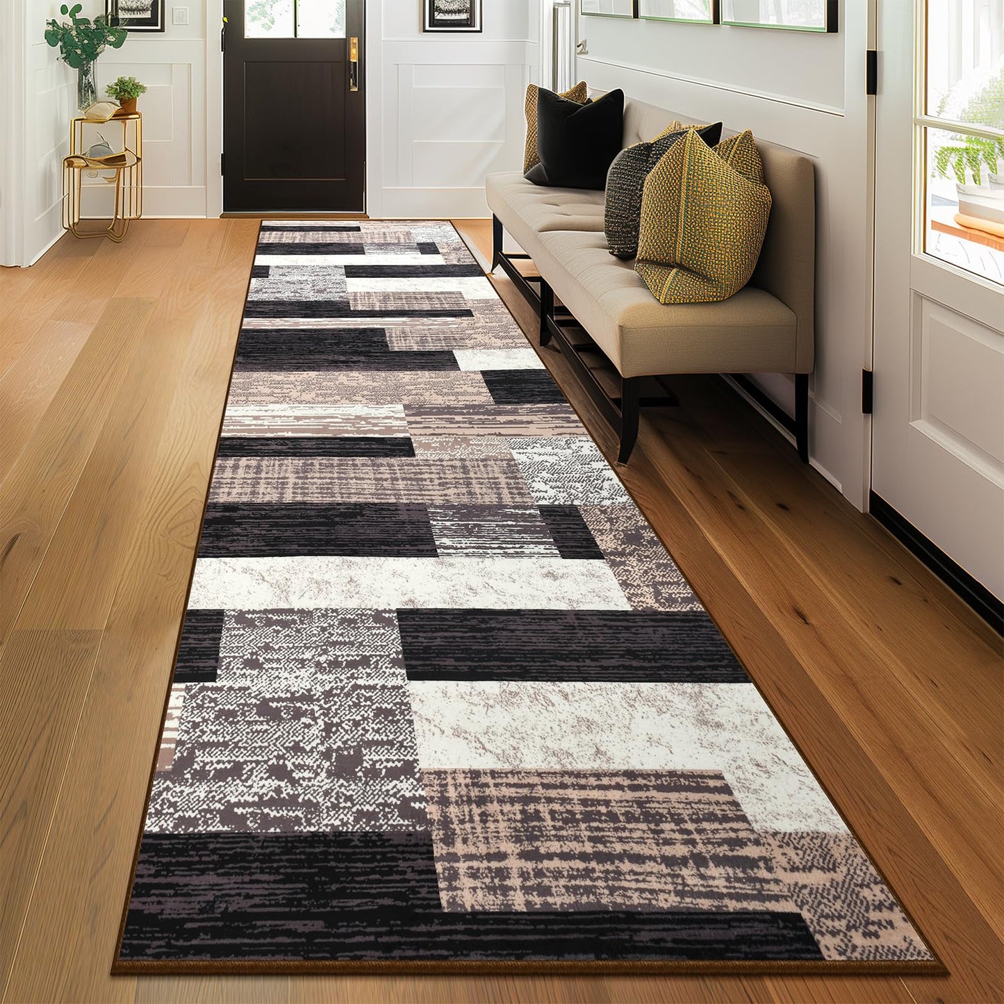 Indoor Runner Rug, Washable Runner Rug with Rubber Backing, Modern Geometric Patchwork Aesthetic Carpet for Bedroom, Living Room, Hallway, Entryway,Washable Rugs Rockwood Collection,2.7x10Ft Chocolate