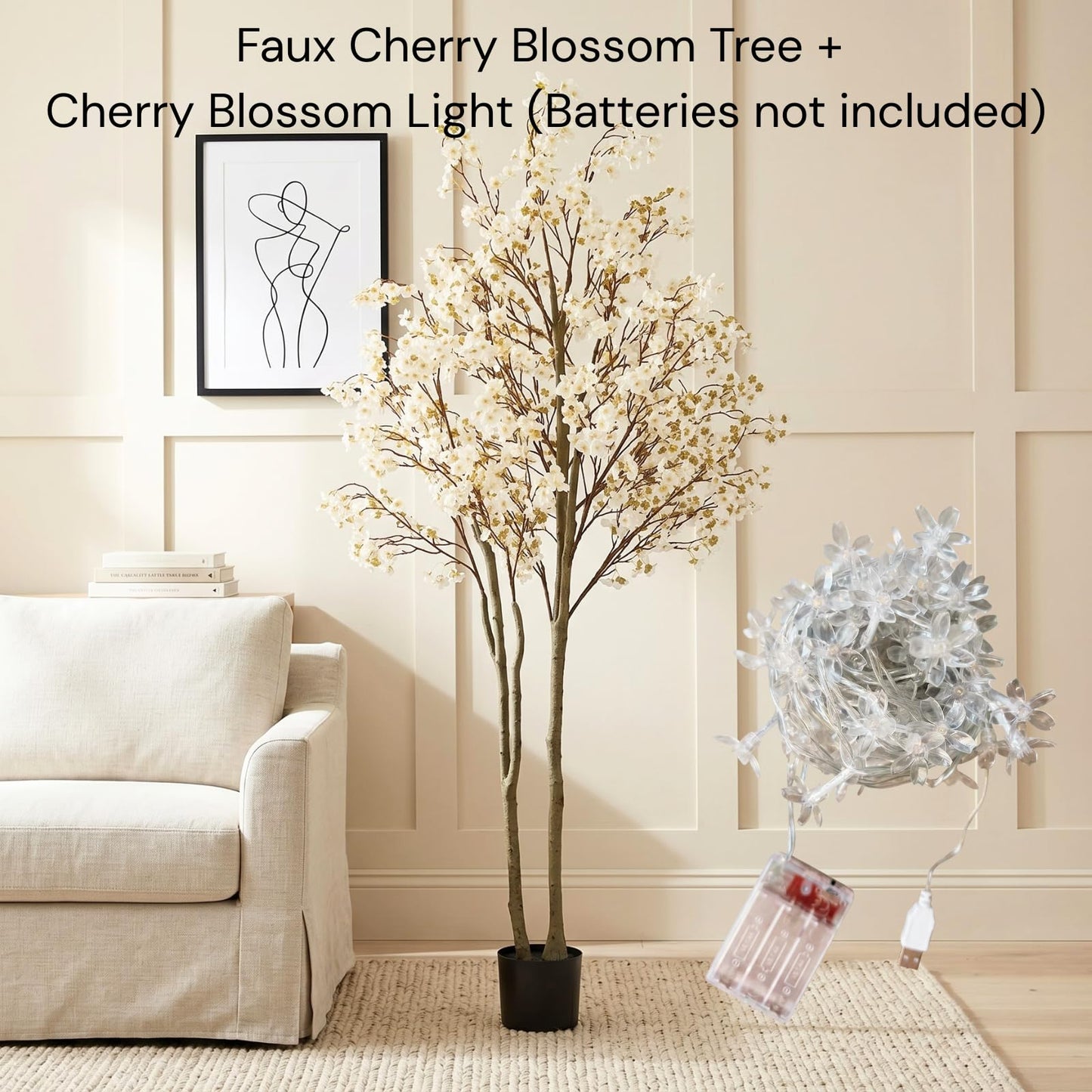 Artificial Cherry Blossom Tree with Lights 6ft Tall, White Faux Cherry Blossom Tree Indoor with LED String Lights, Japanese Sakura Tree for Living Room Office Home Decor