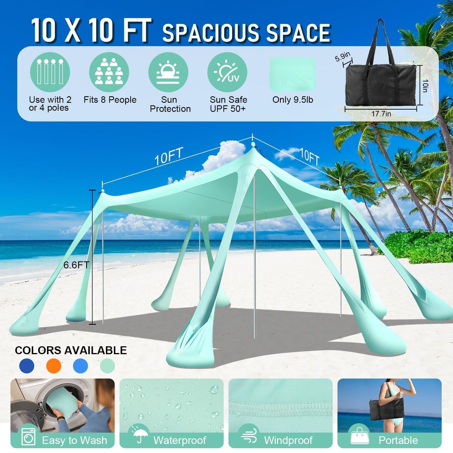 Ahititi Beach Tent Sun Shelter Beach Canopy Tent Sun Shade Pop Up 10x10 UPF50+ with 8 Sandbags-2 Sand Shovel-Portable 4 Aluminum Poles-Ground Pegs-Easy Setup for Outdoor Family Camping Fishing Picnic