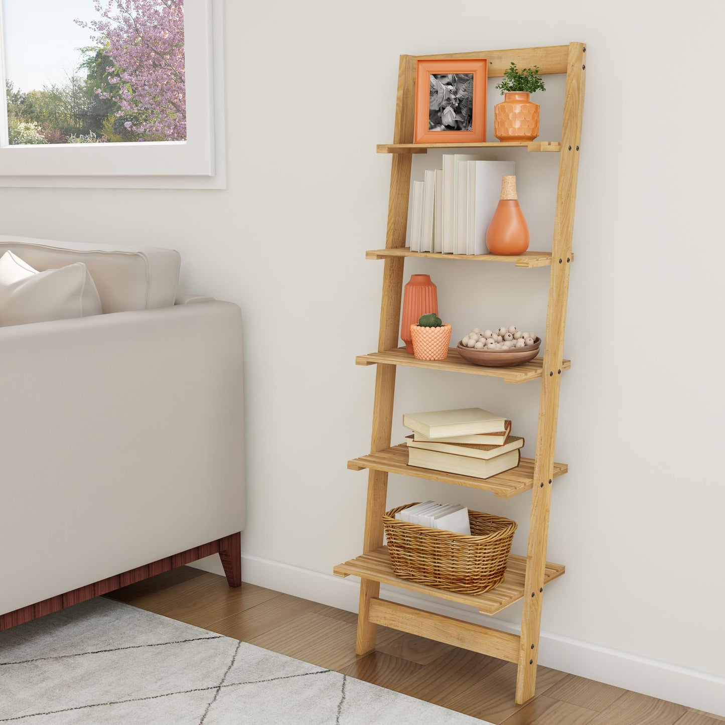 Lavish Home 5-Tier Ladder Shelf - 50-Inch Narrow Leaning Bookshelf - Wooden Bookcase for Living Room, Bathroom, Kitchen, Office, or Bedroom Furniture (Oak)