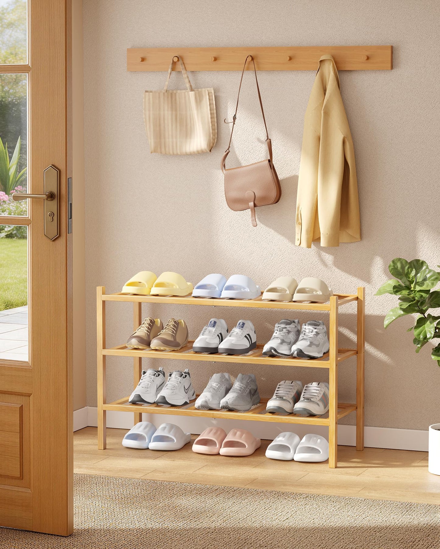 Kitsure Bamboo Wooden Shoe Rack for Closet - Stackable Shoe Organizer with Modular Structure, Space-Saving Shoe Shelf for Entryway, Living Room, Bedroom, 26.8" x 11" x 18.9", Natural