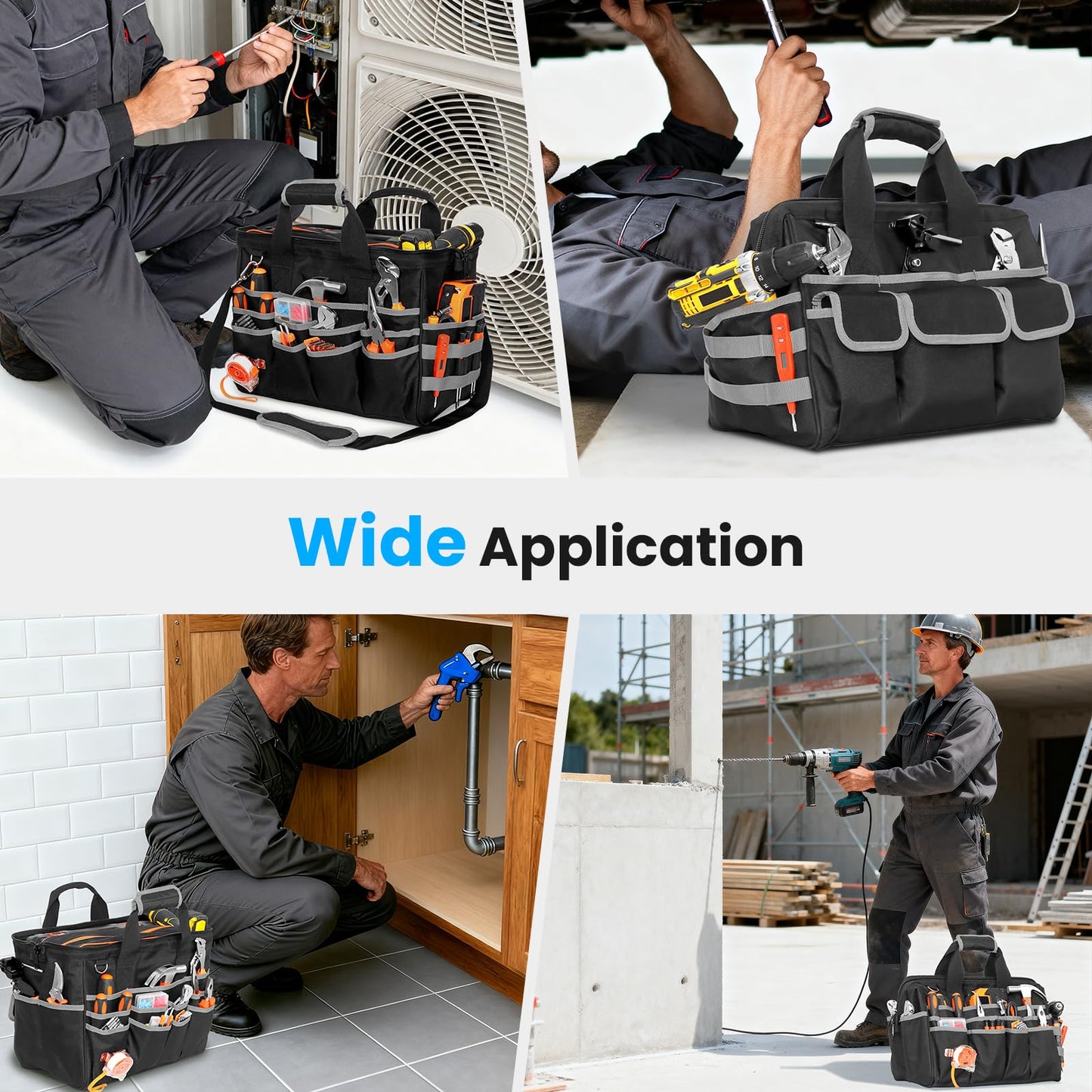 Heavy Duty Tool Bag, 17 Inch Tool Bags for Men with Multi-Pockets, Waterproof Tool Box Organizer Storage Bag with Adjustable Shoulder Strap, Soft Handle, Durable Zipper for Men, Dad (Black-Grey)