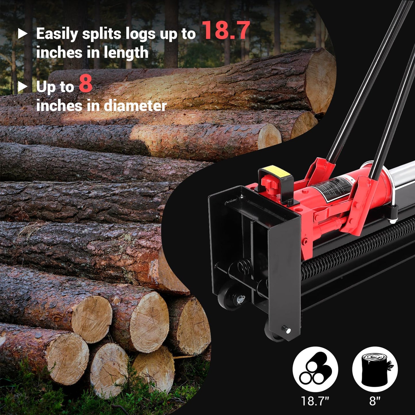 Garvee 12 Ton Hydraulic Log Splitter, Manual Wood Splitter with 2-Speed Operation & Built-in Wheels, Hand Powered Log Cutter for Firewood with Full Steel Construction, Max 18.7" Log