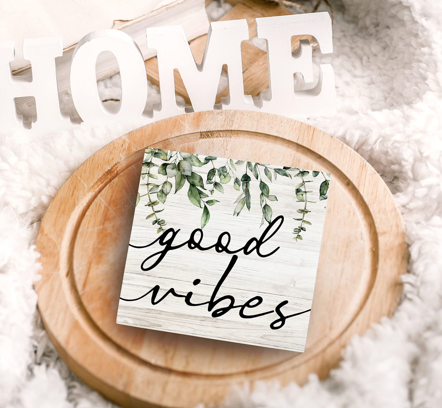SRADMO Botanical Eucalyptus Leaves Wood Box Sign Desk Decor, Rustic Eucalyptus Leaves Wooden Block Box Sign Decoration For Home Office Shelf Table Decor