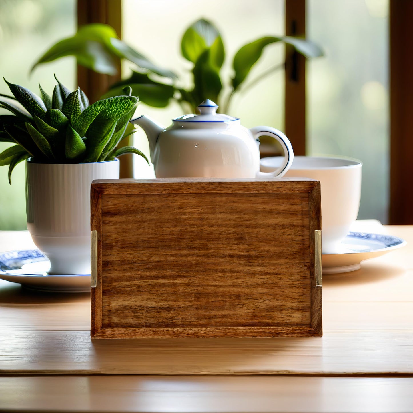Premium Wooden Serving Tray with Aluminum Handles | Handcrafted Solid Wood Decorative Tray for Kitchen, Dining & Coffee Table | Large Rustic Breakfast Tray | Multipurpose Food & Drink Server